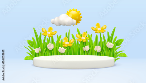 Podium with grass and flower vector 3d banner template. Cartoon kid product display rendering. Spring garden mockup illustration
