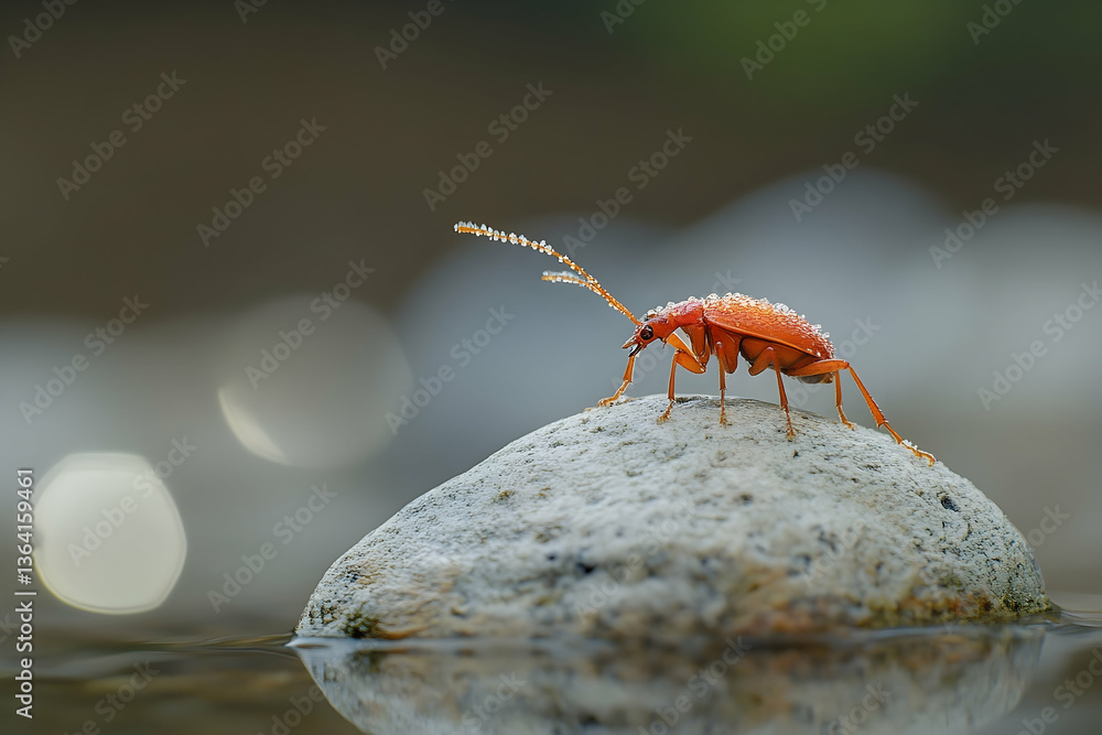 Obraz premium Vibrant orange beetle with dew drops perched atop a rock in tranquil waters
