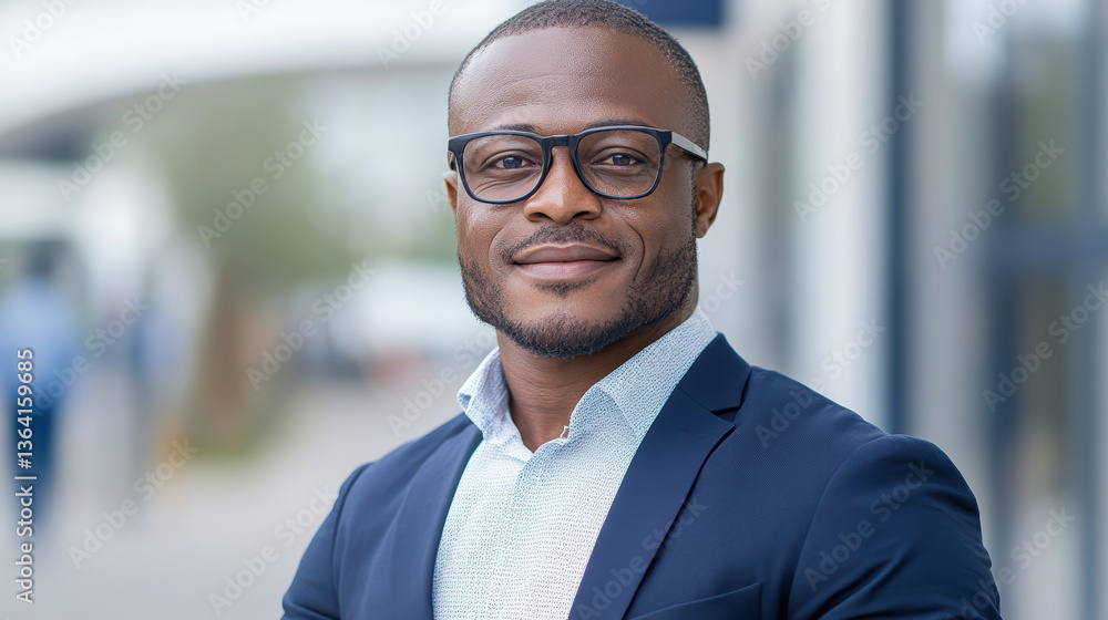 Fototapeta premium Professional man suit with glasses, smiling confidently outdoors, showcasing success and