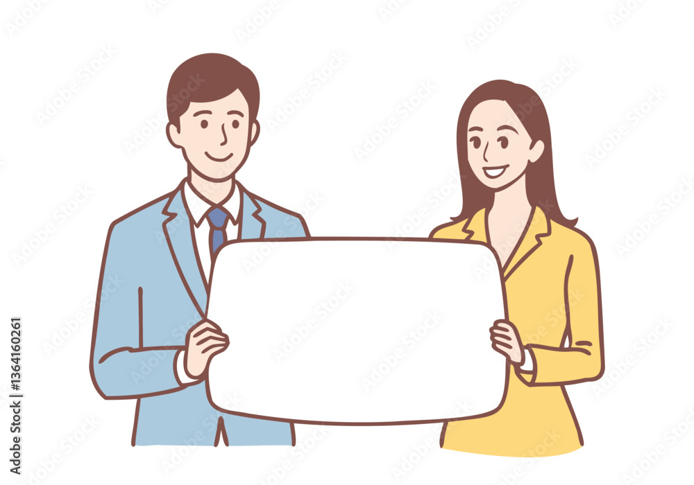 Young smiling Businessman and woman standing holding white mockup speech bubble in hands. Hand drawn style vector design illustrations. Young smiling Businessman and woman standing holding white mockup speech bubble in hands. Hand drawn style vector design illustrations.