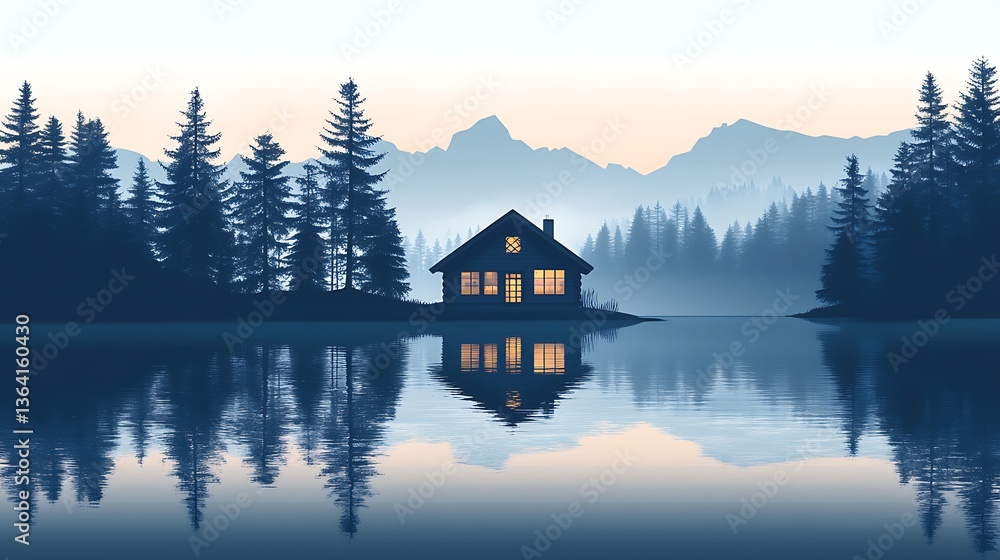 Fototapeta premium Lakeside cabin with mountain sunset.