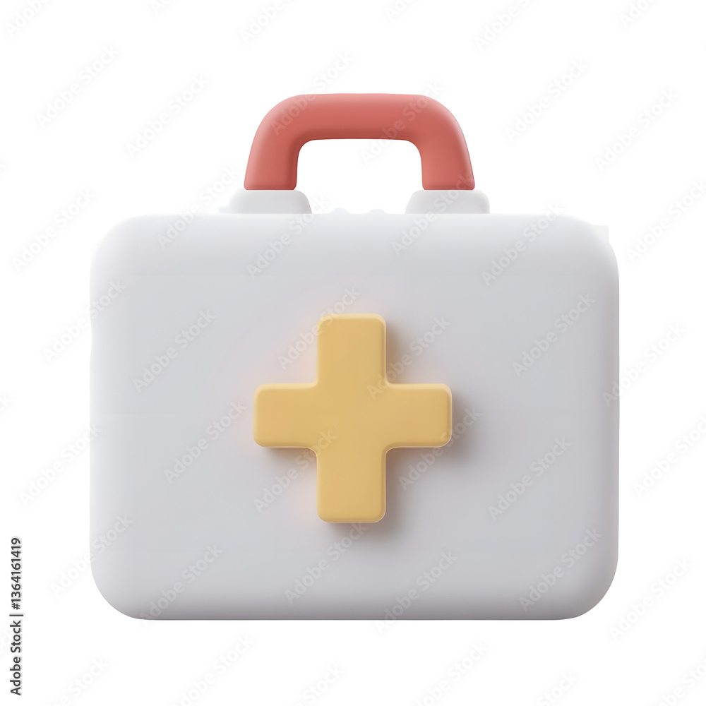Obraz premium A minimalist yet highly detailed 3D render of a contemporary emergency response kit or first aid case with a clean white design and red and yellow accents isolated on a transparent background