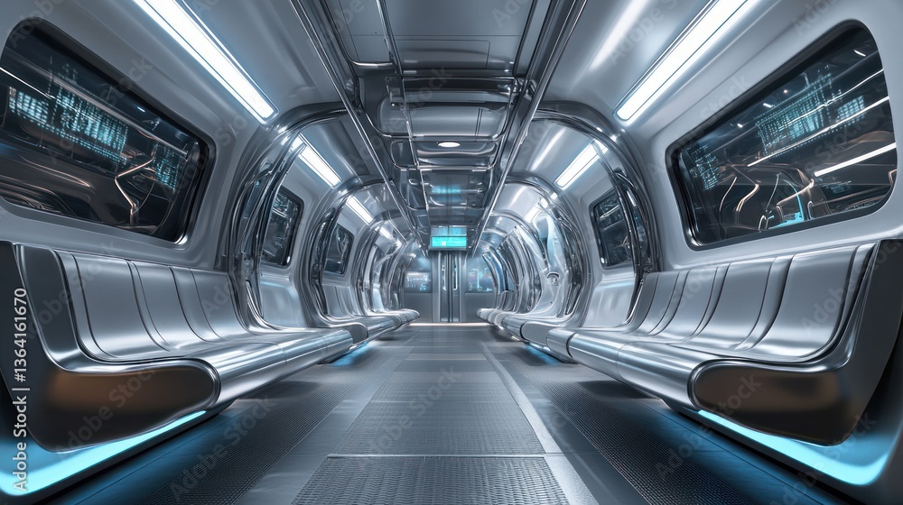 Fototapeta premium Futuristic subway interior with sleek metallic design and illuminated features.