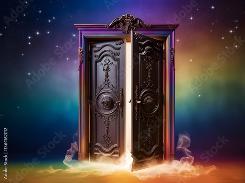 An ornate, partially open door stands against a vibrant, colorful background, with light and mist emanating from behind. Stars are scattered across the sky, adding a sense of mystery and wonder.