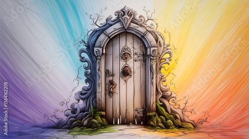 A whimsical wooden door stands at the center, surrounded by intricate vines and roots, set against a vibrant multicolored background. The colors transition smoothly from blue to yellow