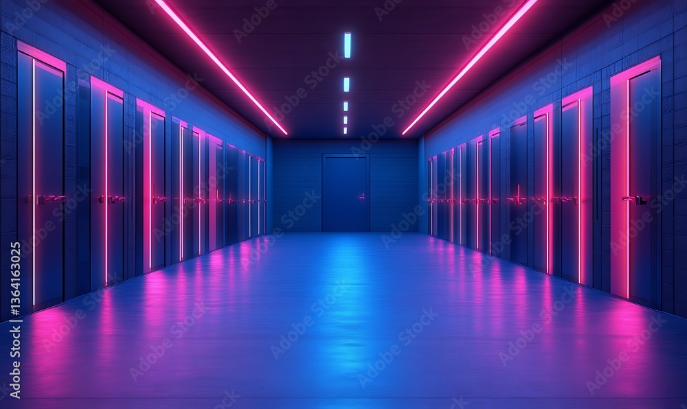 Illuminated Hallway with Rows of Doors and Neon Lighting Effect Illuminated Hallway with Rows of Doors and Neon Lighting Effect