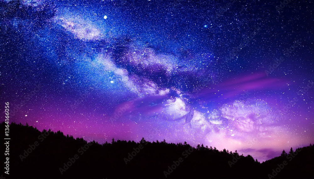 Naklejka premium A breathtaking night sky filled with stars and a vibrant Milky Way, contrasting against dark silhouettes of trees below.