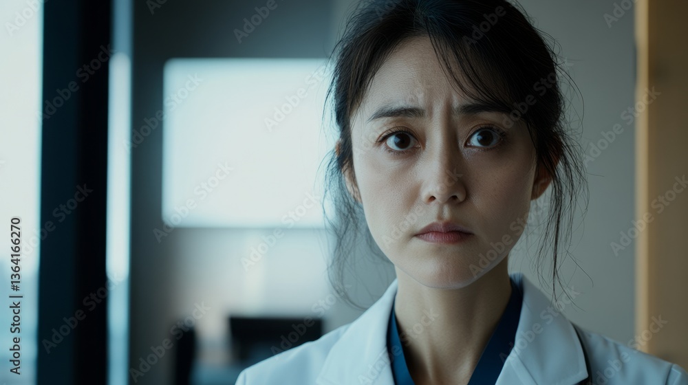 Fototapeta premium Confident female doctor in white coat, embodying professionalism and trust in healthcare. 