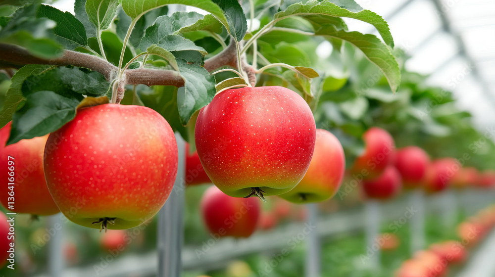 Obraz premium Fresh, ripe apples hanging from branches in greenhouse, showcasing vibrant red and yellow hues. lush green leaves enhance natural beauty, creating serene and fruitful atmosphere