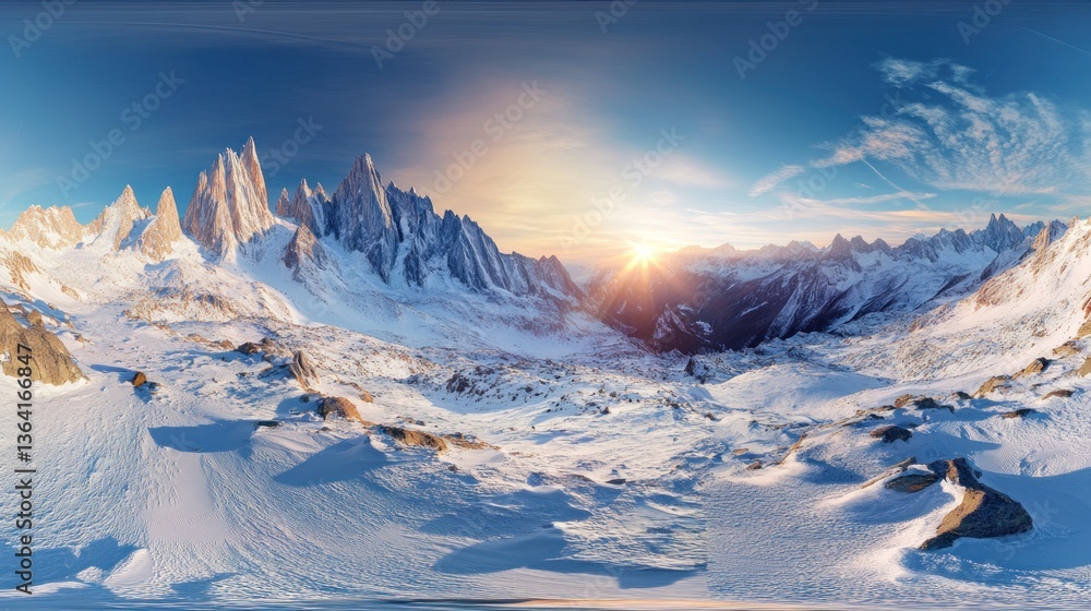 Obraz premium A breathtaking snowy mountain landscape at sunrise, showcasing natural beauty and tranquility.