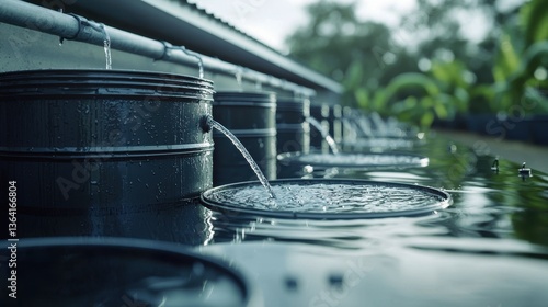 Detailed Image of Community Rainwater Harvesting System with Calm Water Flowing in Buckets