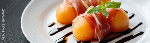 Fresh Melon Wrapped in Ham Drizzled with Balsamic Glaze Garnished