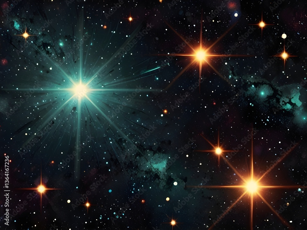Obraz premium Stars of varying colors and brightness shine against a dark space backdrop, with nebulous clouds creating a mystical ambiance. Each star seems to twinkle, adding a sense of vastness to the scene