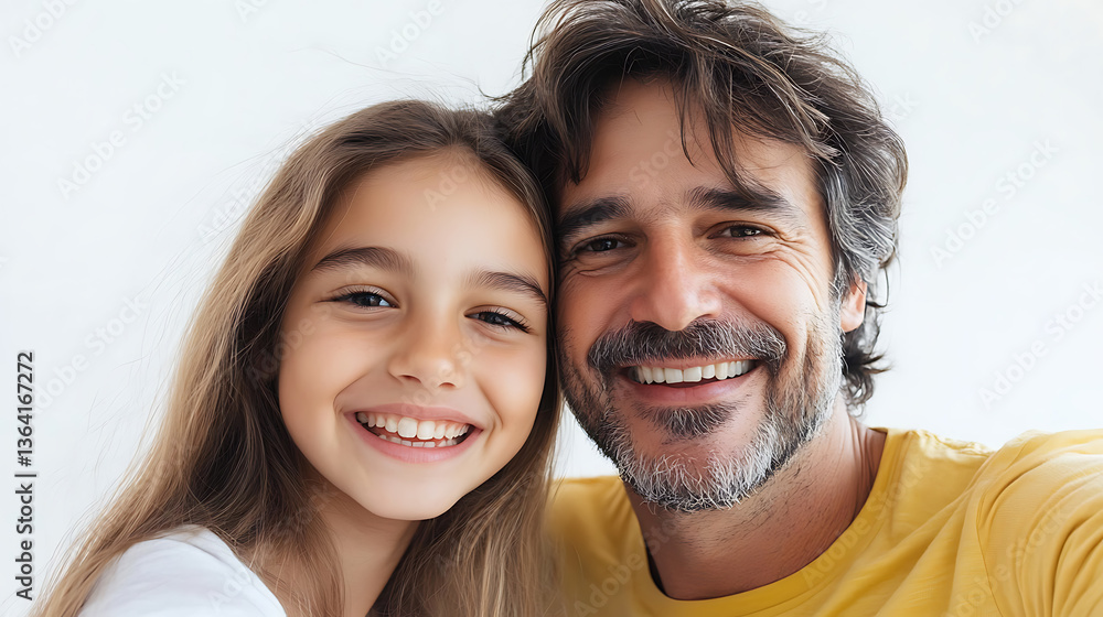 A father taking a selfie with his teenage daughter, both smiling against a white background A father taking a selfie with his teenage daughter, both smiling against a white background
