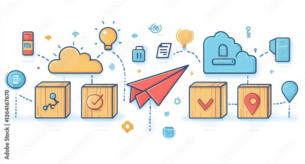 Digital Illustration of Cloud Storage, Data Management, and Communication Concepts Featuring Colorful Icons and a Paper Digital Illustration of Cloud Storage, Data Management, and Communication Concepts Featuring Colorful Icons and a Paper