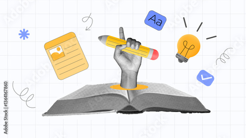 halftone collage, Creative writing and learning with a hand holding a pencil from an open book. ideas, text, and notes. education, content creation, and inspiration