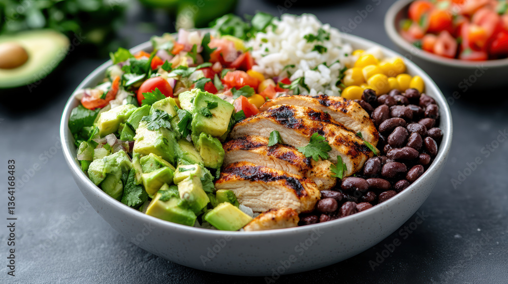 colorful gourmet protein bowl featuring grilled chicken, black beans, and fresh vegetables colorful gourmet protein bowl featuring grilled chicken, black beans, and fresh vegetables