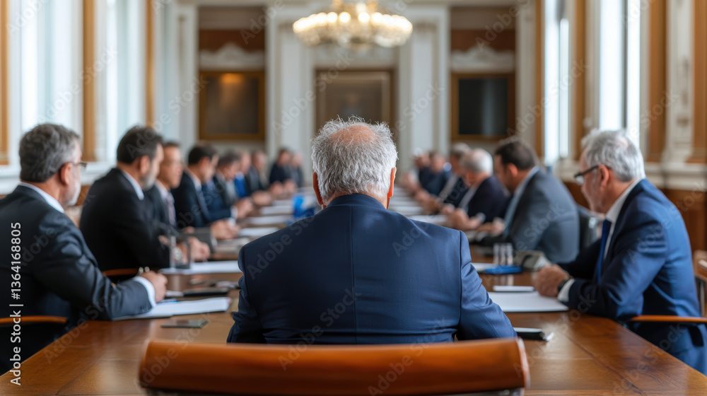 Obraz premium formal government meeting room with policymakers engaged discussion, showcasing collaboration