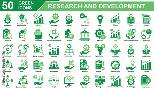 Research And Development Icon Set Collection. Containing Innovative, Research and development, Improve, Services, Potential, Expenditure, Idea, Efficacy, Theory. Simple Green Vector Illustration.