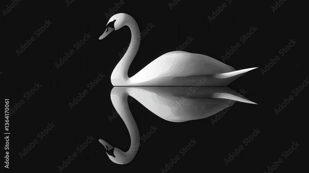 Fototapeta premium Elegant White Swan Reflection with Black Background.