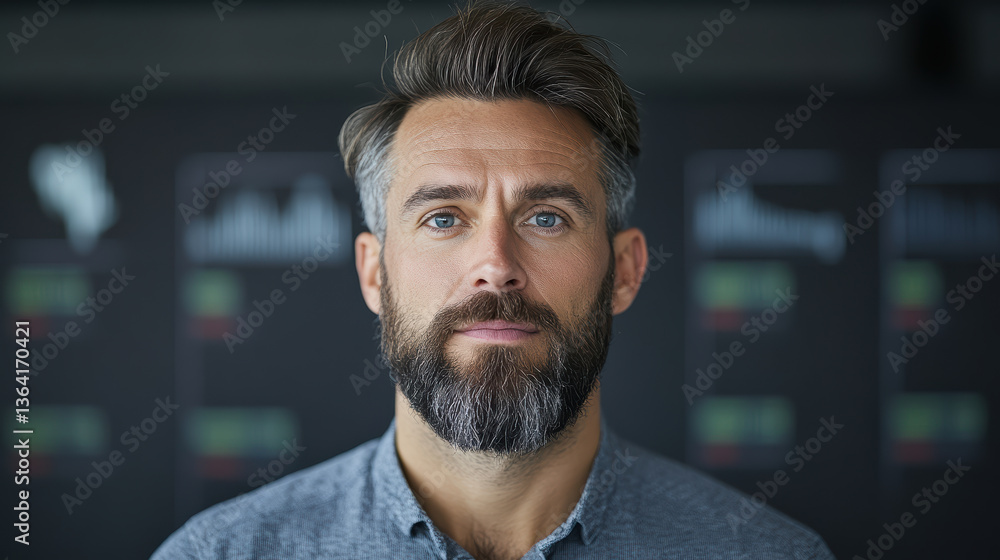 Obraz premium Professional man with beard and blue eyes, looking confidently at camera in office setting