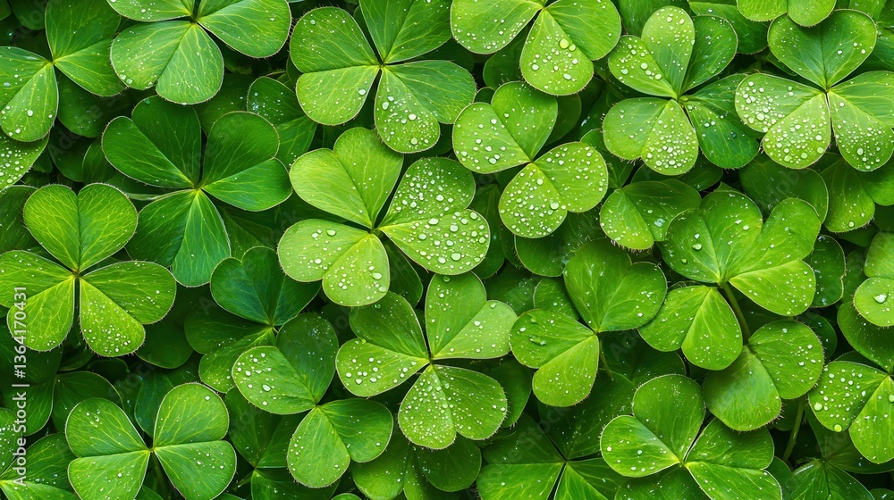 Lush Green Clovers with Water Droplets in Natural Setting Lush Green Clovers with Water Droplets in Natural Setting