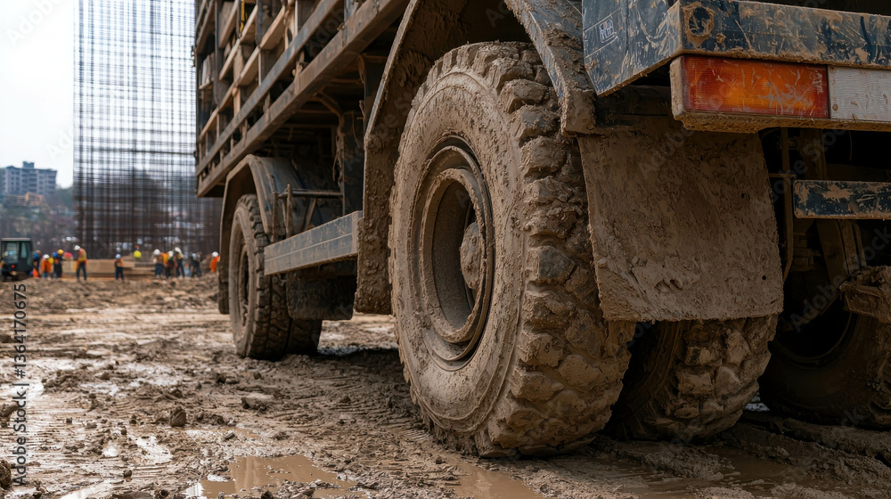 Heavy Construction Truck Wheels on a Muddy Ground at a Building Site During Daytime Heavy Construction Truck Wheels on a Muddy Ground at a Building Site During Daytime