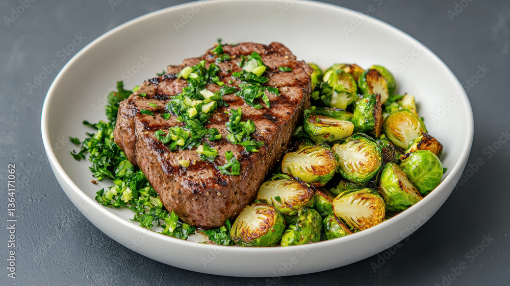 Grilled steak served with roasted Brussels sprouts and fresh herbs creates delicious meal Grilled steak served with roasted Brussels sprouts and fresh herbs creates delicious meal