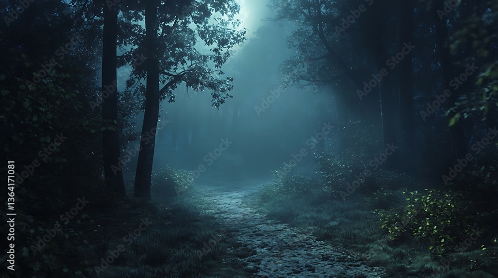 Obraz premium Mysterious dark forest at night with fog and moonlight.