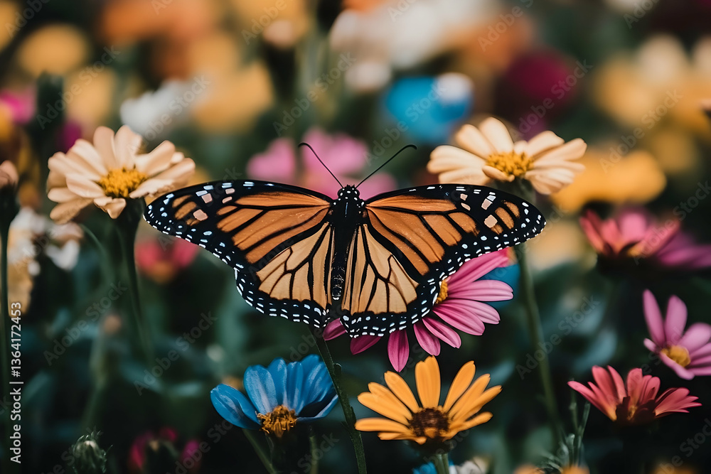 Fototapeta premium Monarch butterfly with open wings resting on a vibrant pink flower amidst a field of colorful blossoms creating a serene garden scene