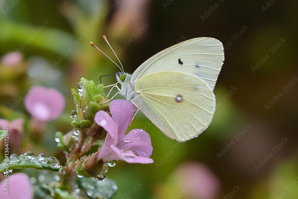 Naklejka premium Delicate white butterfly resting on a vibrant pink flower in a natural garden