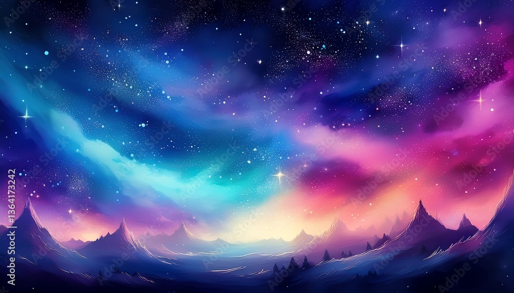 Fototapeta premium A vibrant cosmic landscape featuring colorful skies, distant mountains, and a starry night, evoking a sense of wonder and tranquility.
