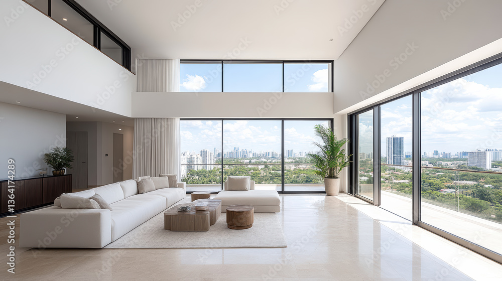 Fototapeta premium Luxurious penthouse with spacious glass walled living room, offering stunning city views