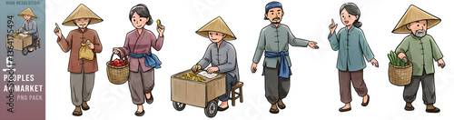Set of Traditional Asian Market Scene: Daily Life in the Past