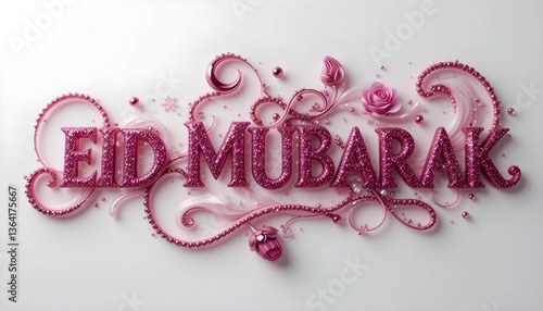 Wallpaper Mural Elegant Pink Eid Mubarak Greeting with Glittering Text, Floral Design, and Festive Islamic Celebration Theme Torontodigital.ca
