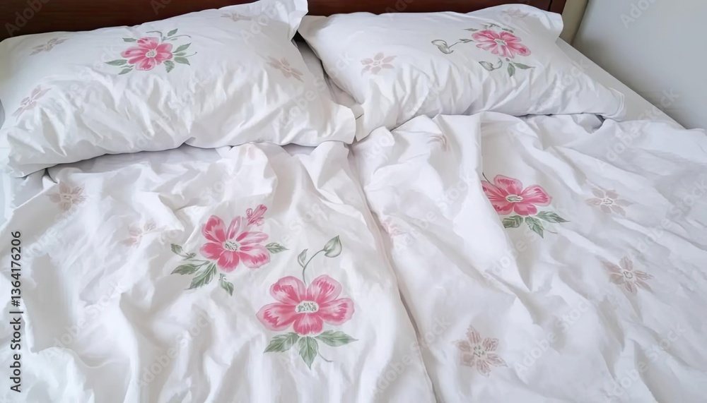 White bed linen with floral embroidery White bed linen with floral embroidery