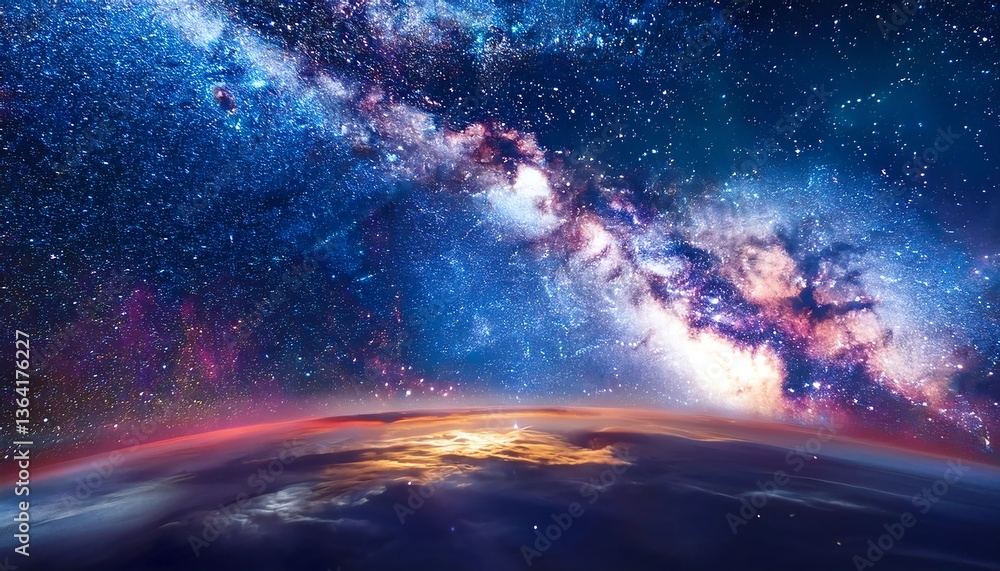 Fototapeta premium A stunning view of the Milky Way from above Earth, showcasing vibrant colors and countless stars against a cosmic backdrop.