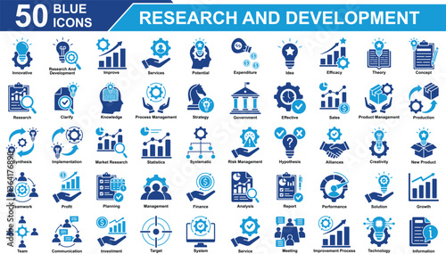 Research And Development Icon Set Collection. Containing Innovative, Research and development, Improve, Services, Potential, Expenditure, Idea, Efficacy, Theory. Simple Blue Vector Illustration.