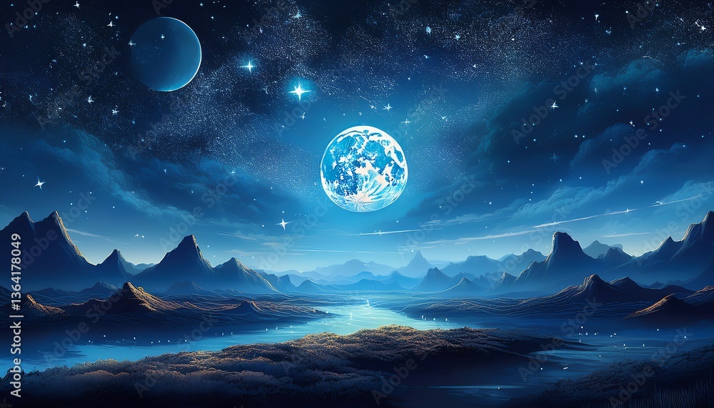 A serene, starry night depicts a glowing moon over mountain landscapes, creating a tranquil, otherworldly atmosphere. A serene, starry night depicts a glowing moon over mountain landscapes, creating a tranquil, otherworldly atmosphere.