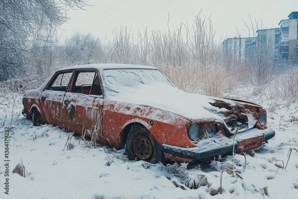 Old car covered in snow, abandoned in a serene winter landscape. Old car covered in snow, abandoned in a serene winter landscape.