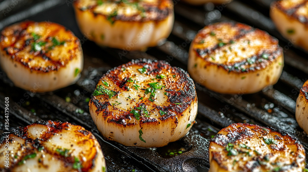 grilled fresh scallops with butter, showcasing modern presentation, highlighting textures and flavors that evoke sophistication and indulgence grilled fresh scallops with butter, showcasing modern presentation, highlighting textures and flavors that evoke sophistication and indulgence