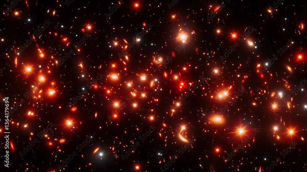 Red and orange glowing stars in a dark space. Red and orange glowing stars in a dark space.