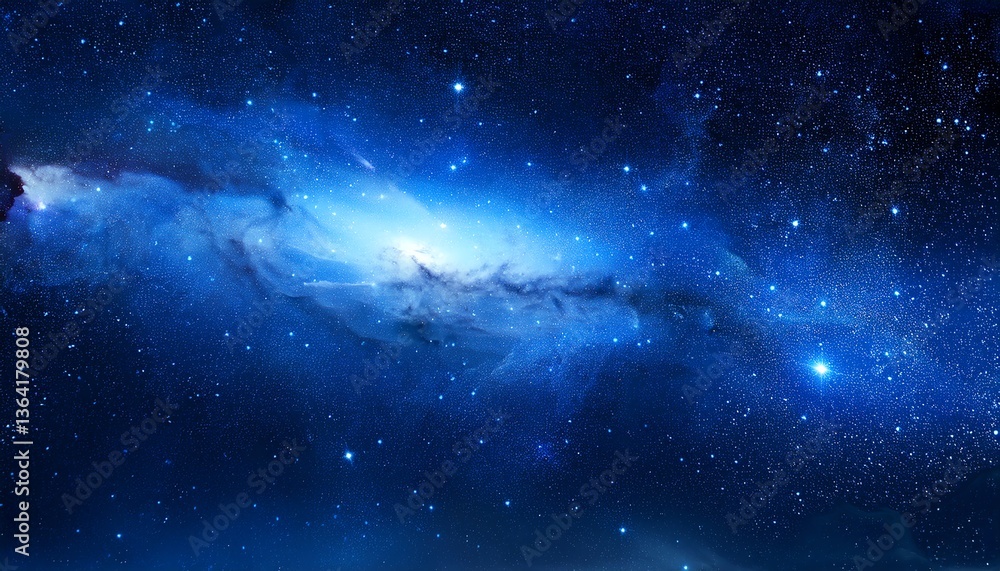 Naklejka premium A stunning cosmic scene features a vibrant galaxy filled with stars and swirling nebulae against a deep blue backdrop.