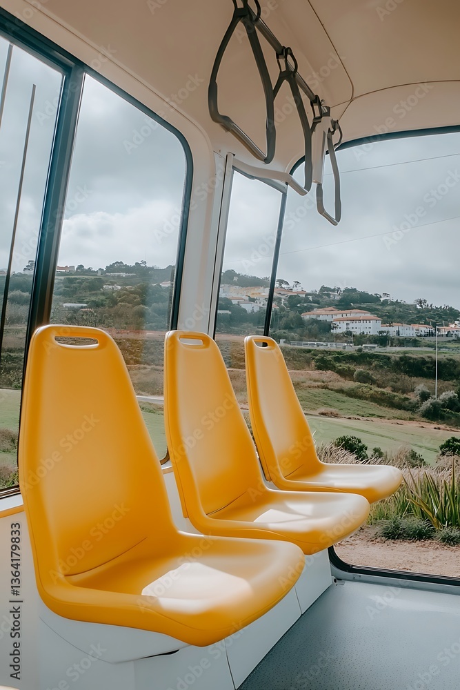 Fototapeta premium Interior view of a public transit vehicle with yellow seats