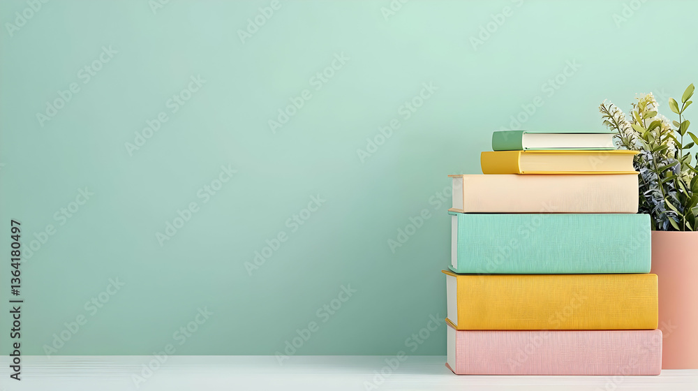 Fototapeta premium Pastel Colored Books Stacked Against Light Green Wall With Potted Plant