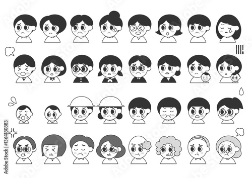 人々の困り顔・怒り顔の表情アイコンイラストセット（黒）