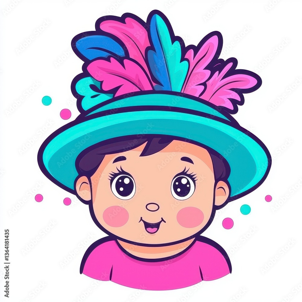 Charming Child Illustration with Turquoise Feathered Hat on White Background Charming Child Illustration with Turquoise Feathered Hat on White Background