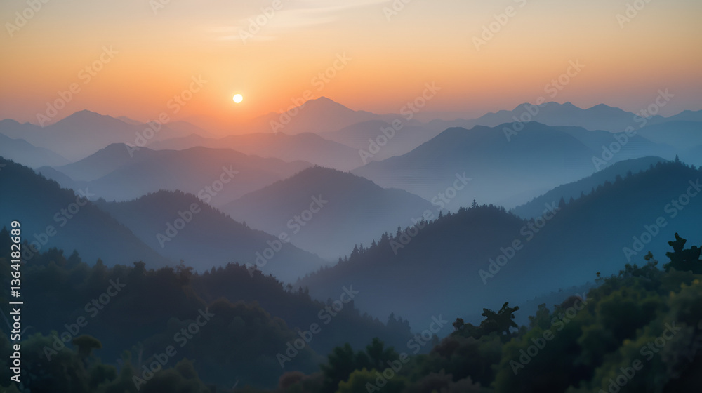 Fototapeta premium A serene landscape captures a blurred sunrise over distant mountains, evoking tranquility and peace, Ideal for backgrounds in wellness projects, nature-themed designs, or motivational content,