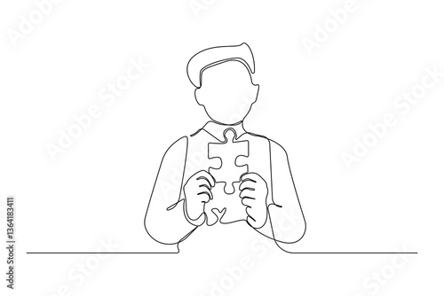 Boy holding autism puzzle piece continuous line drawing.  Autism Awareness Month theme background.