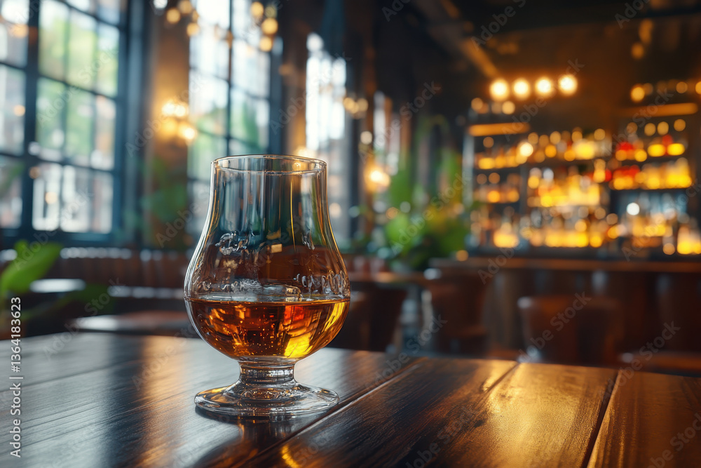 Glass of whiskey on bar table, soft amber glow, dimly-lit ambiance, cozy atmosphere, inviting for a relaxing evening.